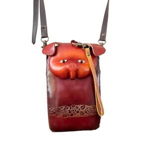 Handmade Leather Pig Face Crossbody Bag Artisan Tooled Floral Wallet Purse Brown